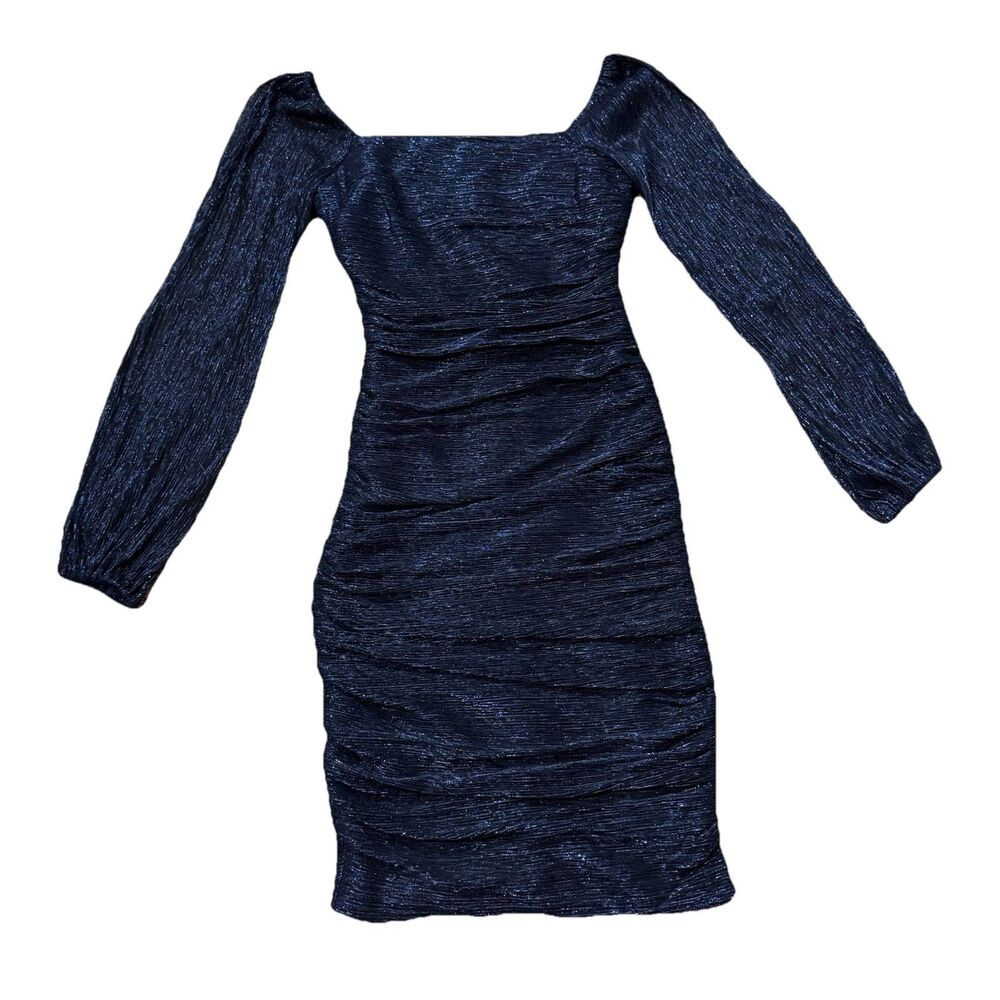 Melanie Lyne Navy Metallic Ruched Bodycon Dress Long Sleeve Small Cocktail